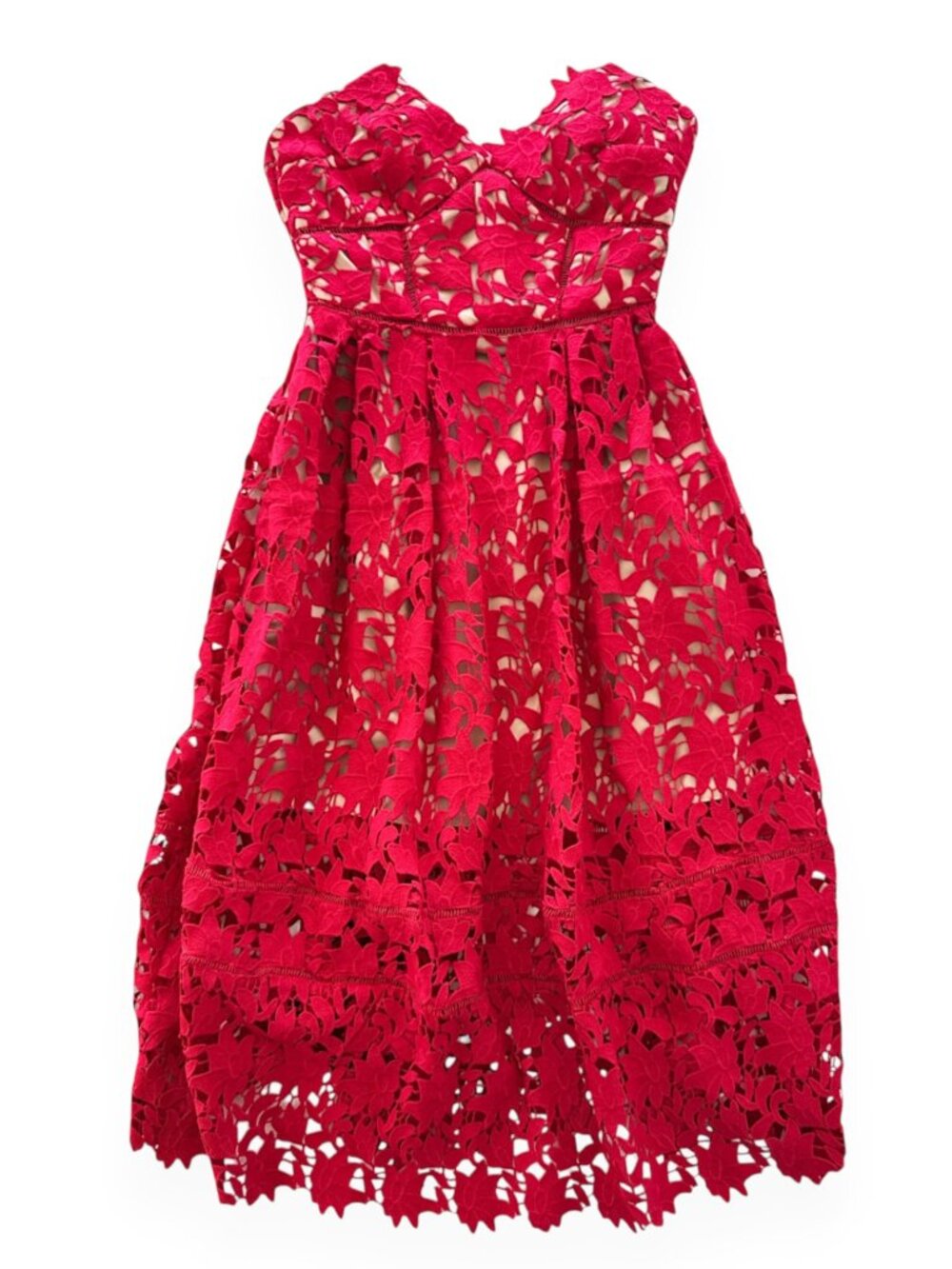 Self Portrait Azalea Red Guipure Lace Midi Dress Strapless Evening Party Event S - Picture 3 of 6